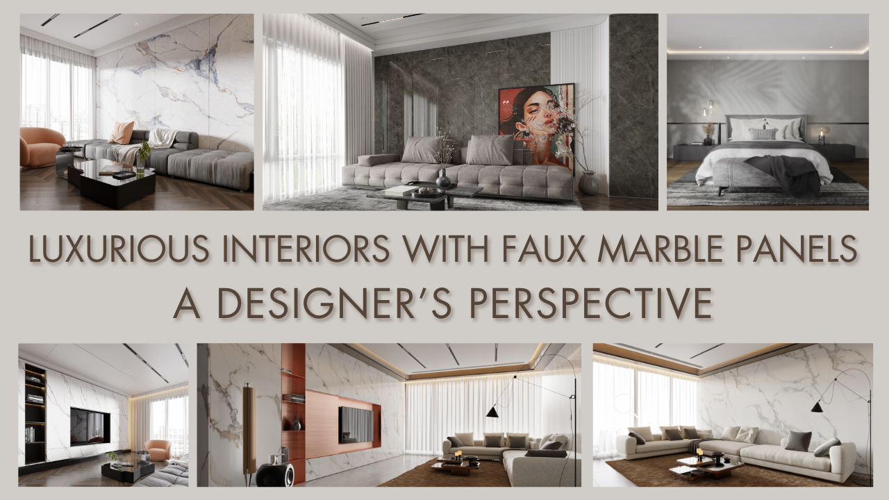 Blog banner with title as Luxurious Interiors with Faux Marble Panels