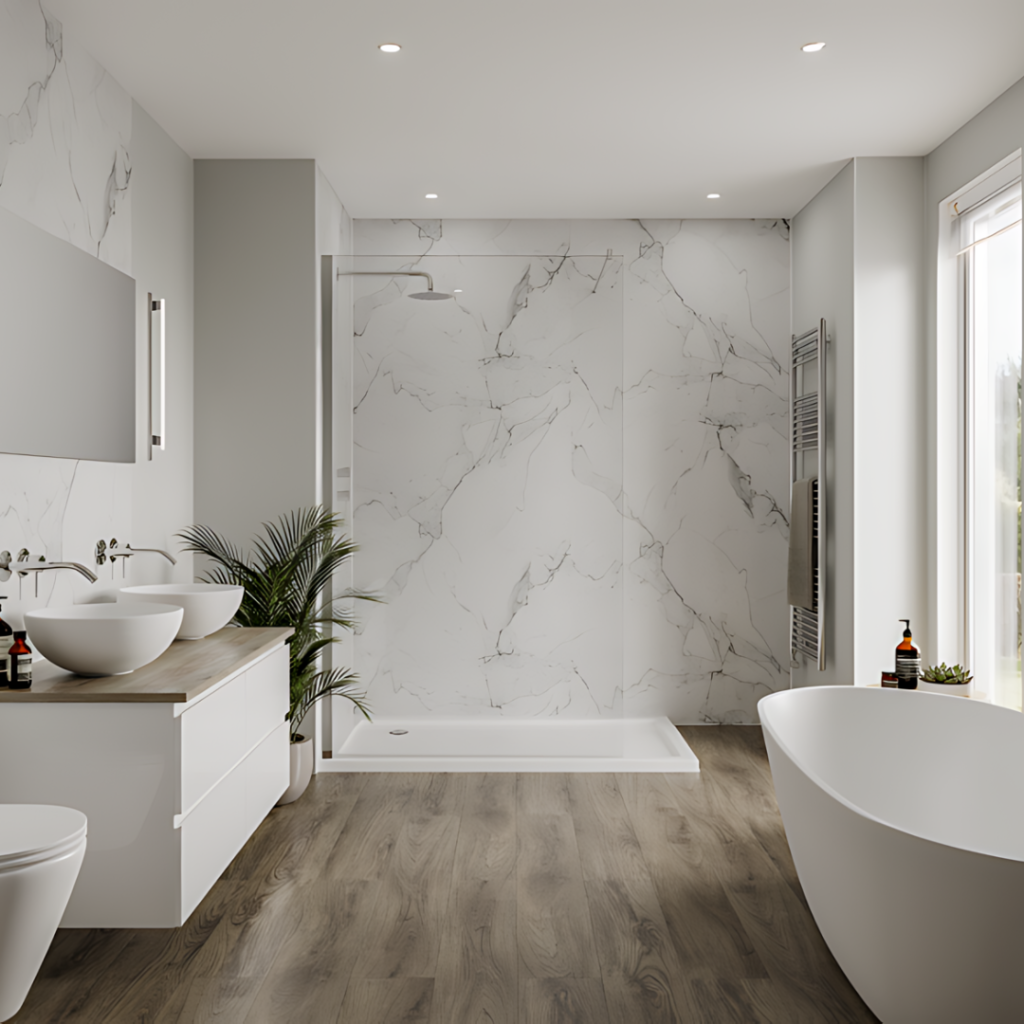 bathroom with faux marble panel